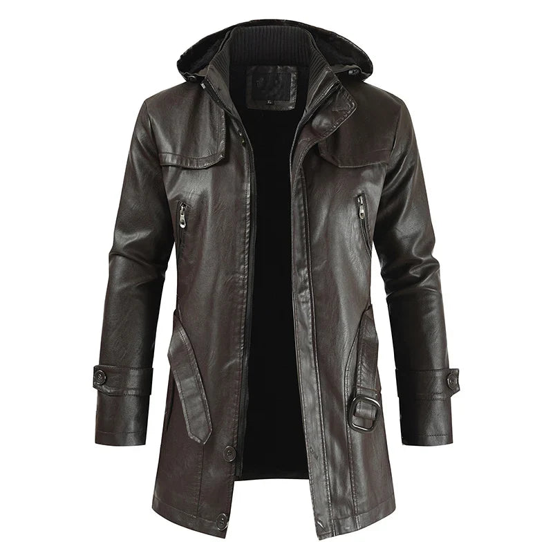 Jaqueta Longa de Couro com Capuz Masculina Bellaro®