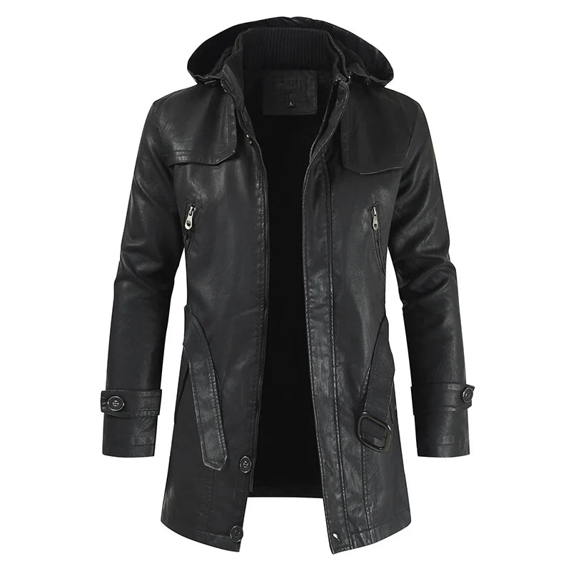 Jaqueta Longa de Couro com Capuz Masculina Bellaro®