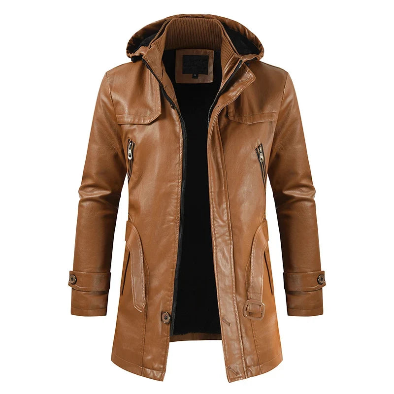Jaqueta Longa de Couro com Capuz Masculina Bellaro®