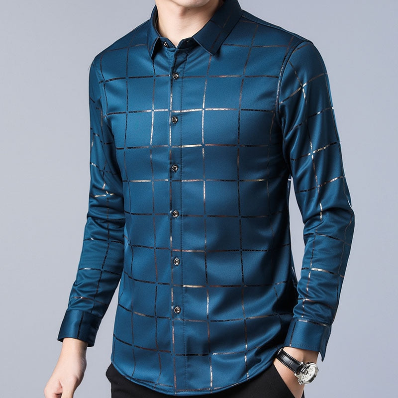 Camisa Masculina de Seda Manga Longa Xadrez Soul